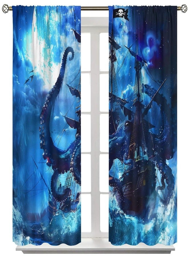 AAVEUP Pirate Ship Curtains,Fantasy Horror Ocean Octopus Sea Monster Skeleton Ship Decor Window Treatments, Thermally Insulated Rod Pocket Drapes for Kids Boys Living Room Bedroom 42x45in - Image 2